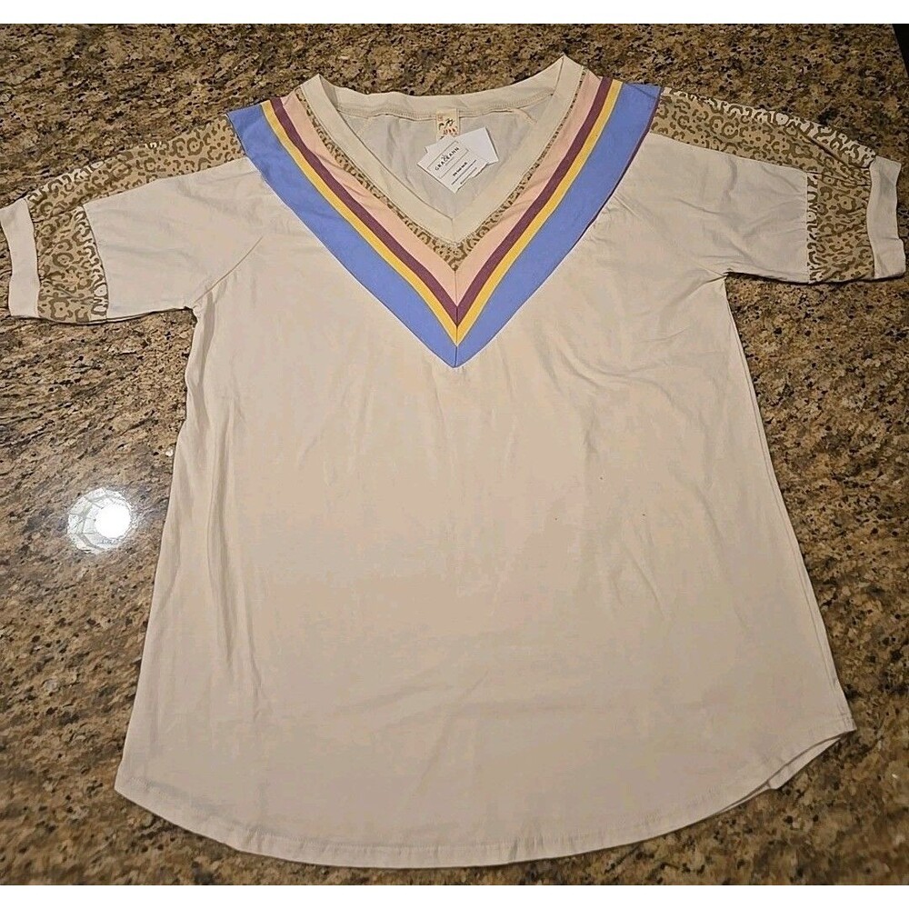 7Th Ray Shirt Womens Large Striped Cheetah Pink Blue Tan Hippie Boho